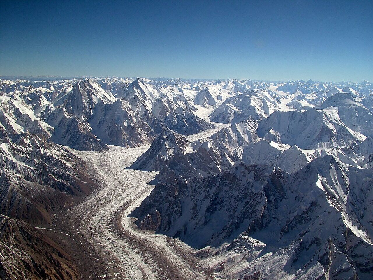 The Baltoro glacier among Karakoram peaks from the air